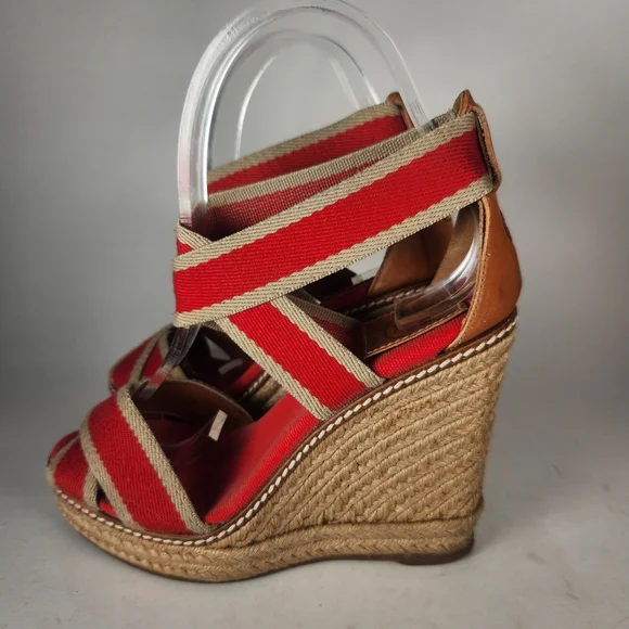 TORY BURCH Women's Adonis Espadrille Sandal Size 5 Red Wedge Leather Made Spain - Picture 7 of 12